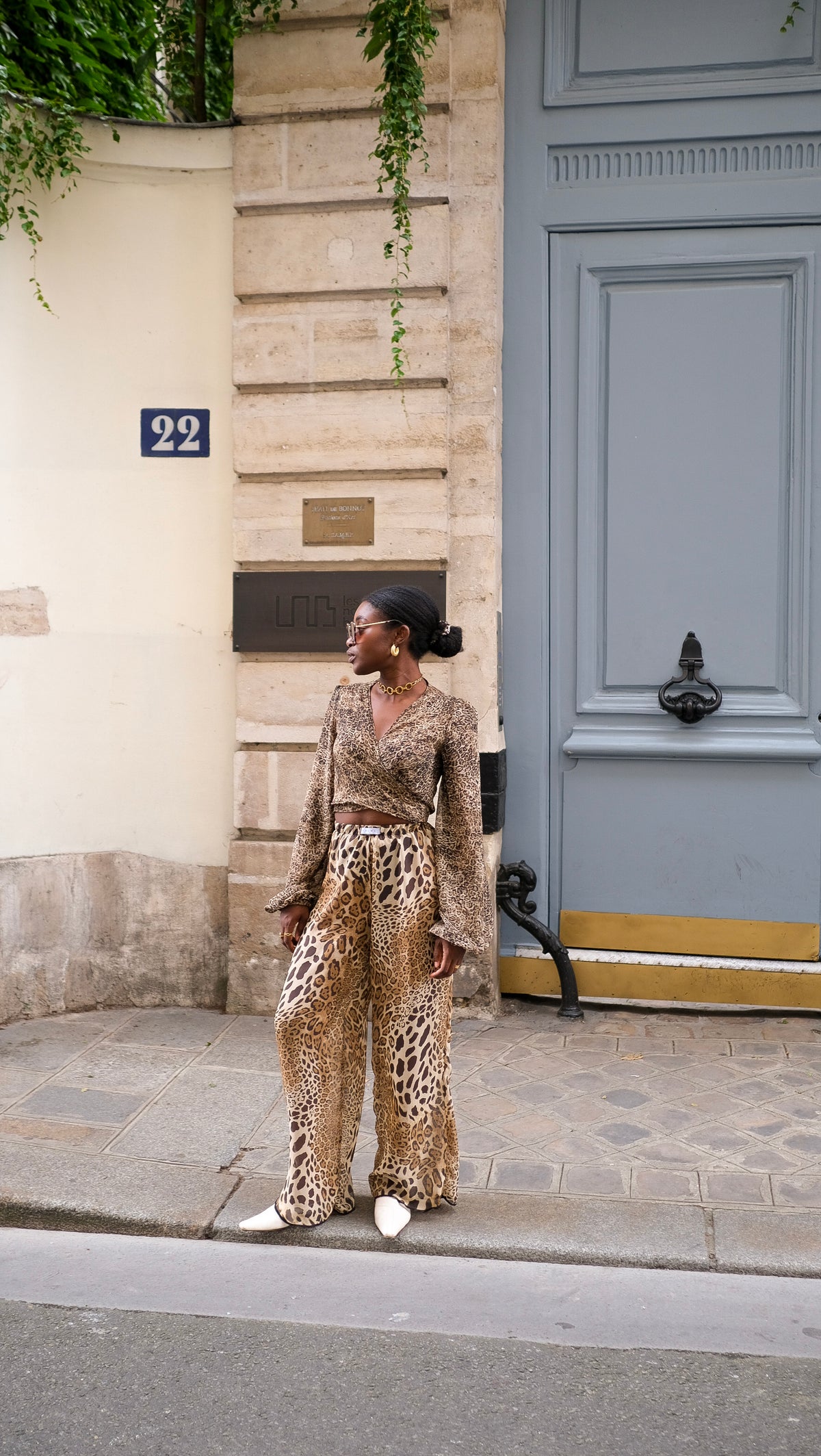 Leopard print wrap blouse with puff sleeves—GENESSY