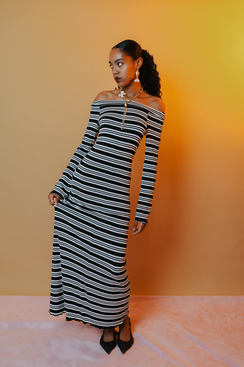 Blue striped bardot maxi dress — MONACO