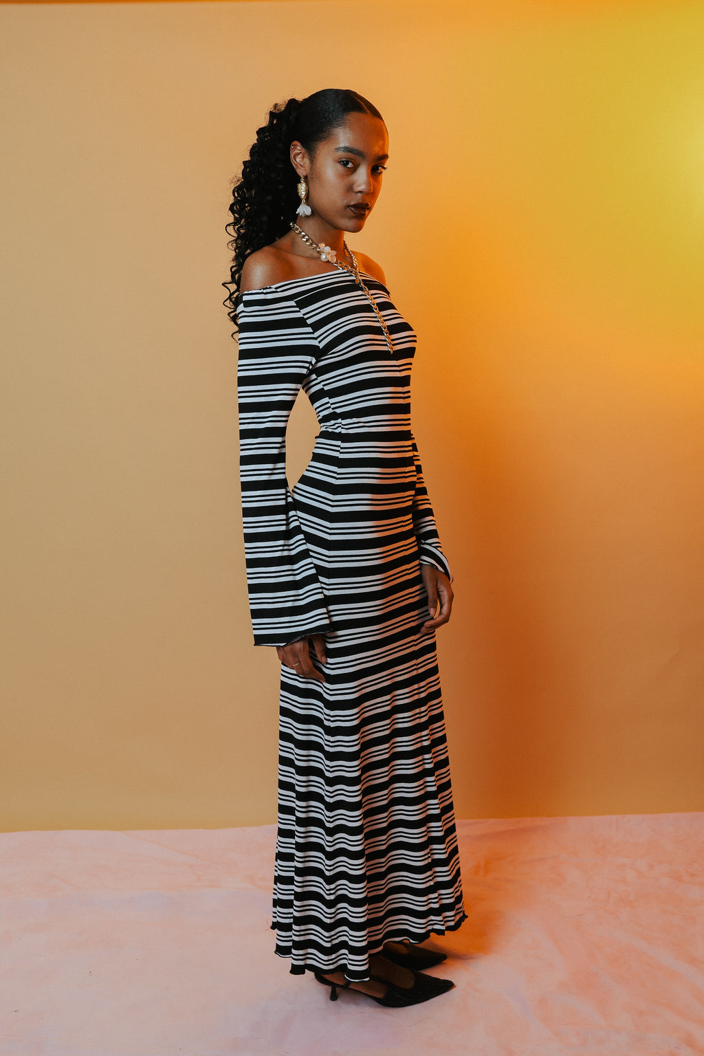 Blue striped bardot maxi dress — MONACO