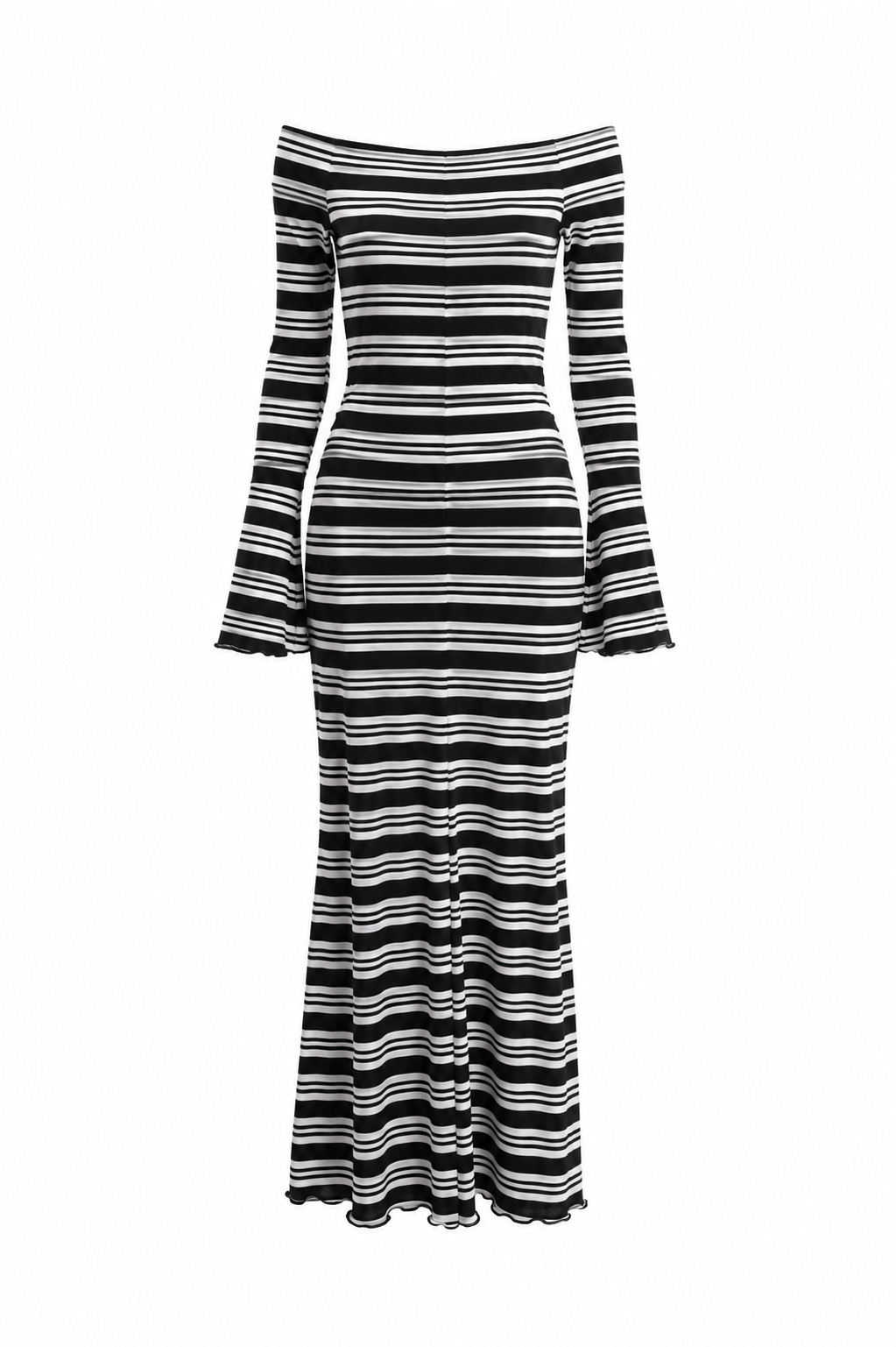 Robe longue rayure noir et blanches à encolure bardot — MONACO