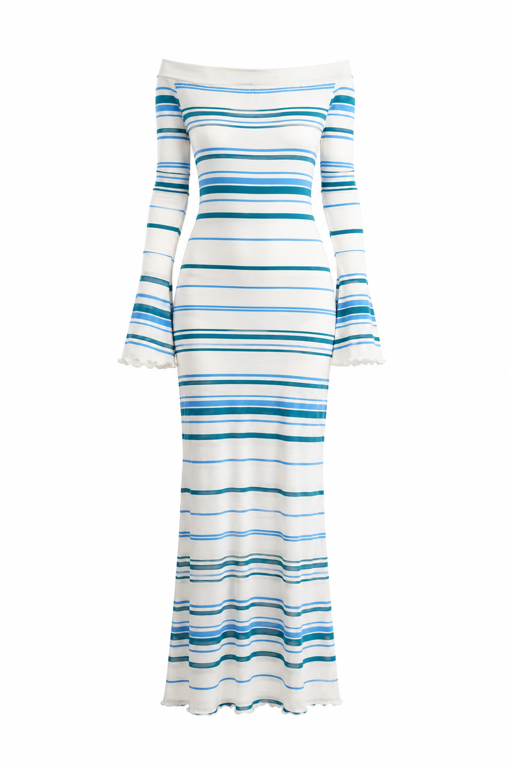 Robe longue rayure bleu à encolure bardot — MONACO