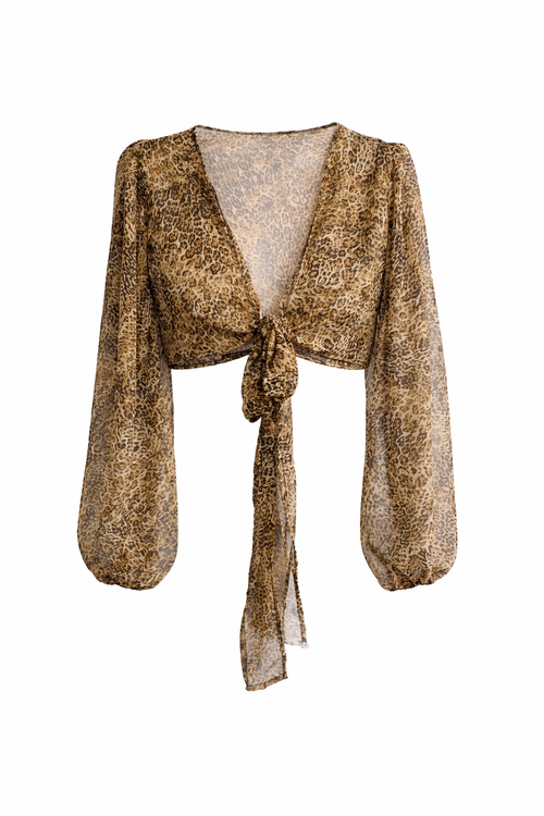 Leopard print wrap blouse with puff sleeves—GENESSY