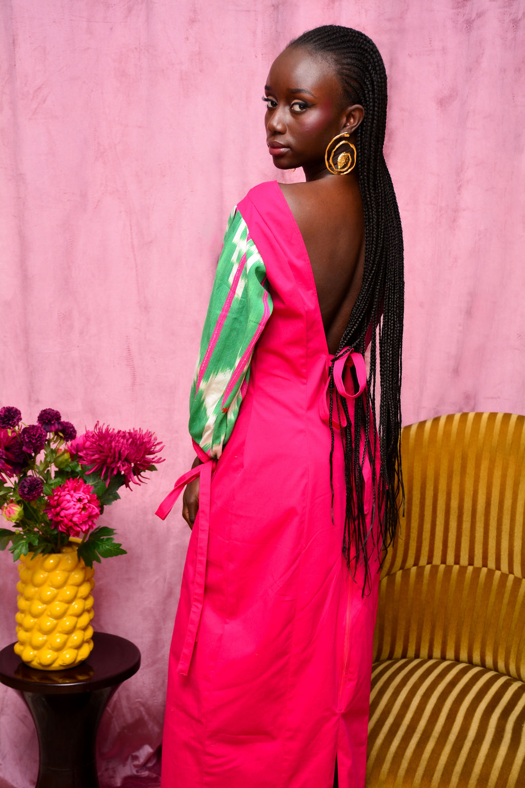 Robe longue rose avec col bateau & manches bouffantes — MELINDA