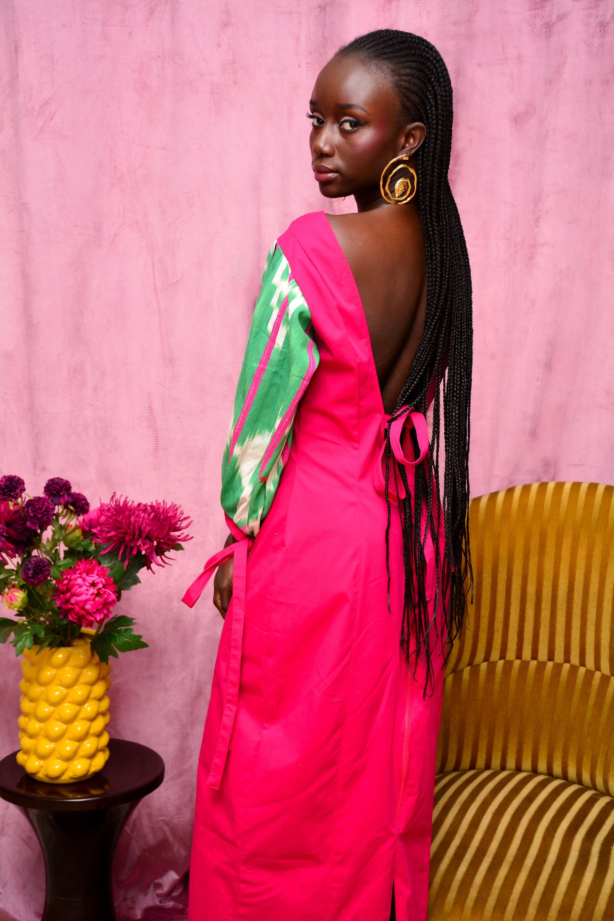 Robe longue rose avec col bateau & manches bouffantes — MELINDA
