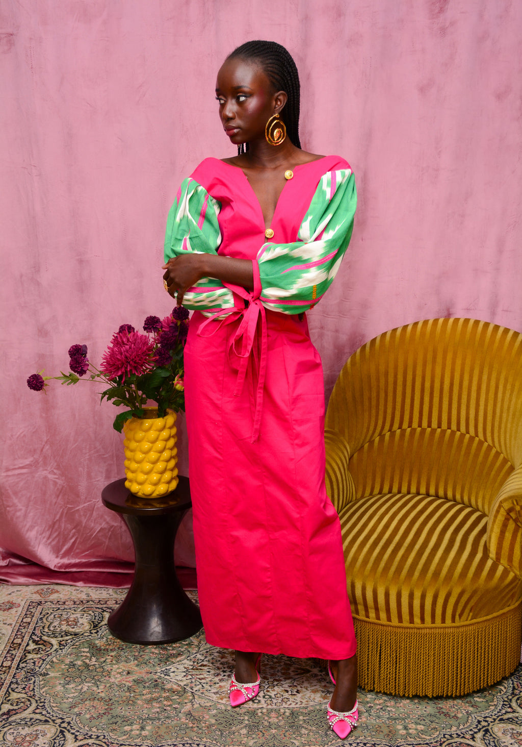 Robe longue rose avec col bateau & manches bouffantes — MELINDA