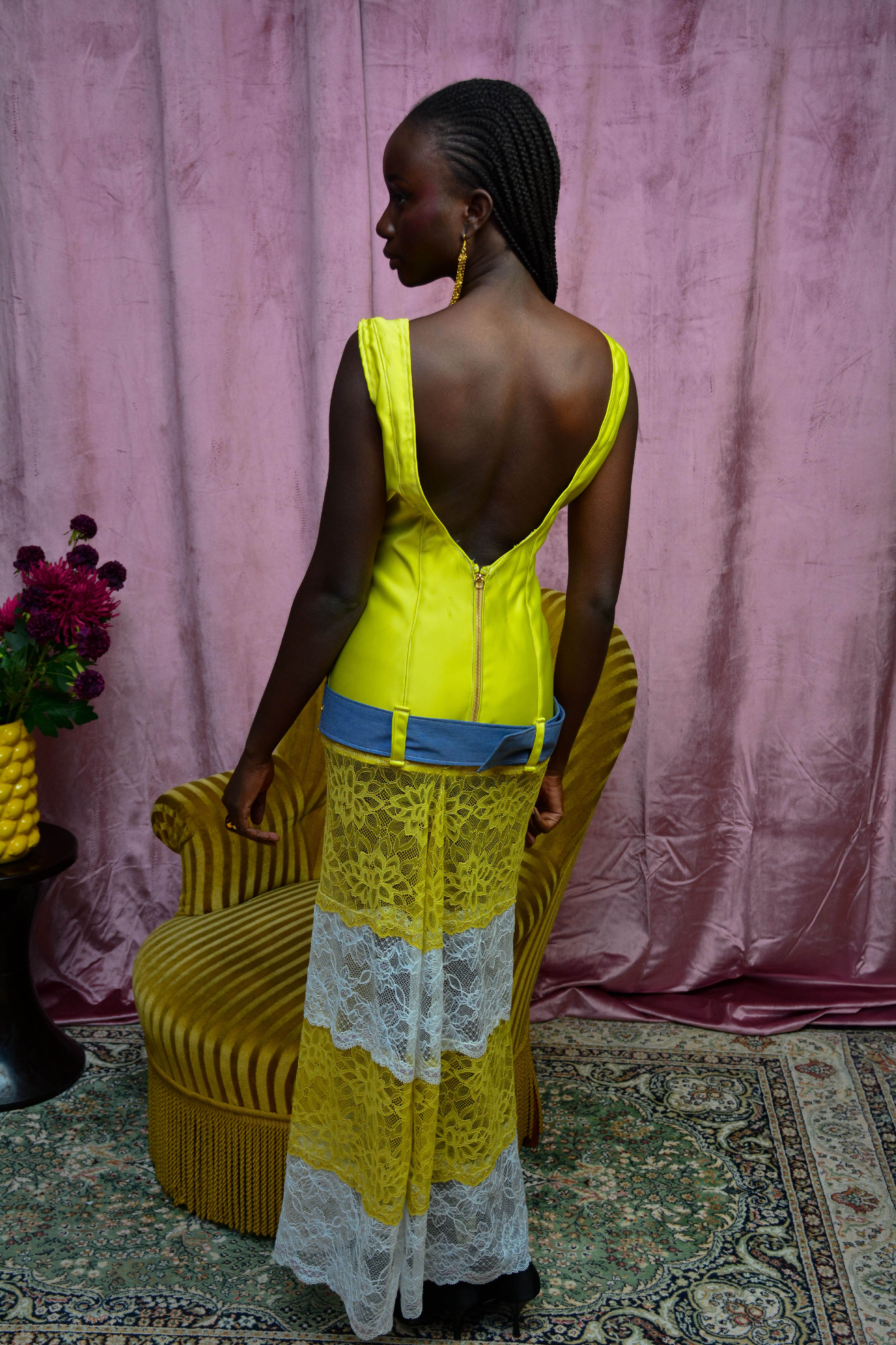 Robe longue cocktail en sain et dentelle — BRITNEY