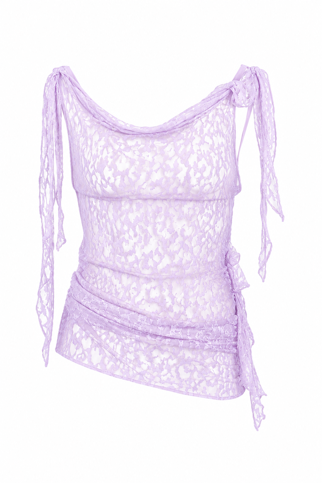 Top asymétrique transparent avec volants lilas — MAIA