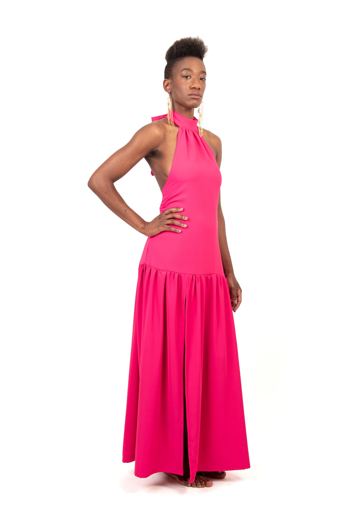 Robe longue dos nu crêpe rose — CARLA